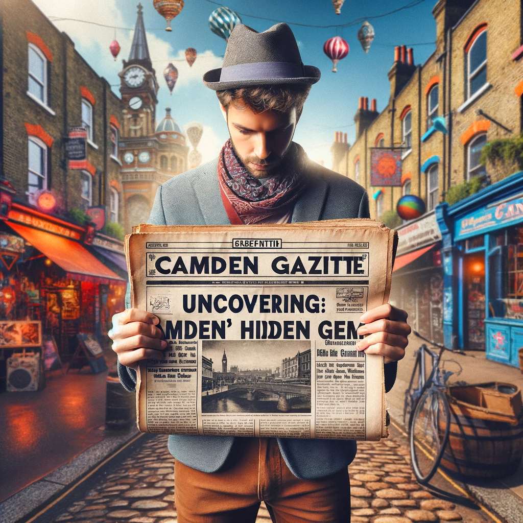 A person holding a newspaper titled "Exploring the Camden Gazette: Uncovering Camden's Hidden Gems" against a backdrop of Camden's iconic landmarks.