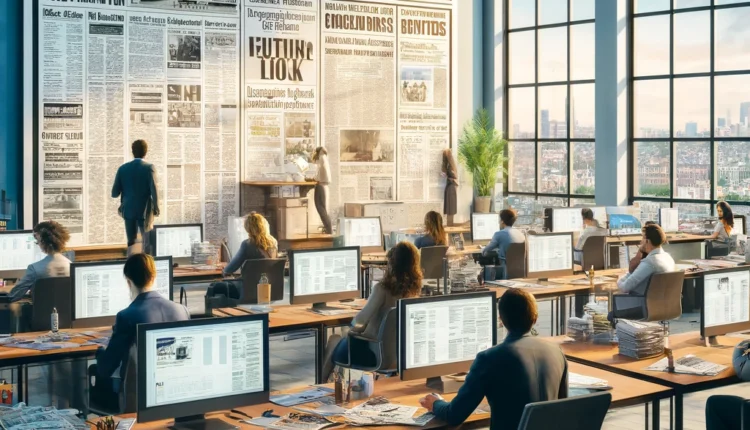 A vibrant newsroom for the Camden Gazette, featuring journalists working at desks with computers, discussing news articles, and a large bulletin board filled with headlines and notes. Large windows showcase a view of Camden's cityscape.